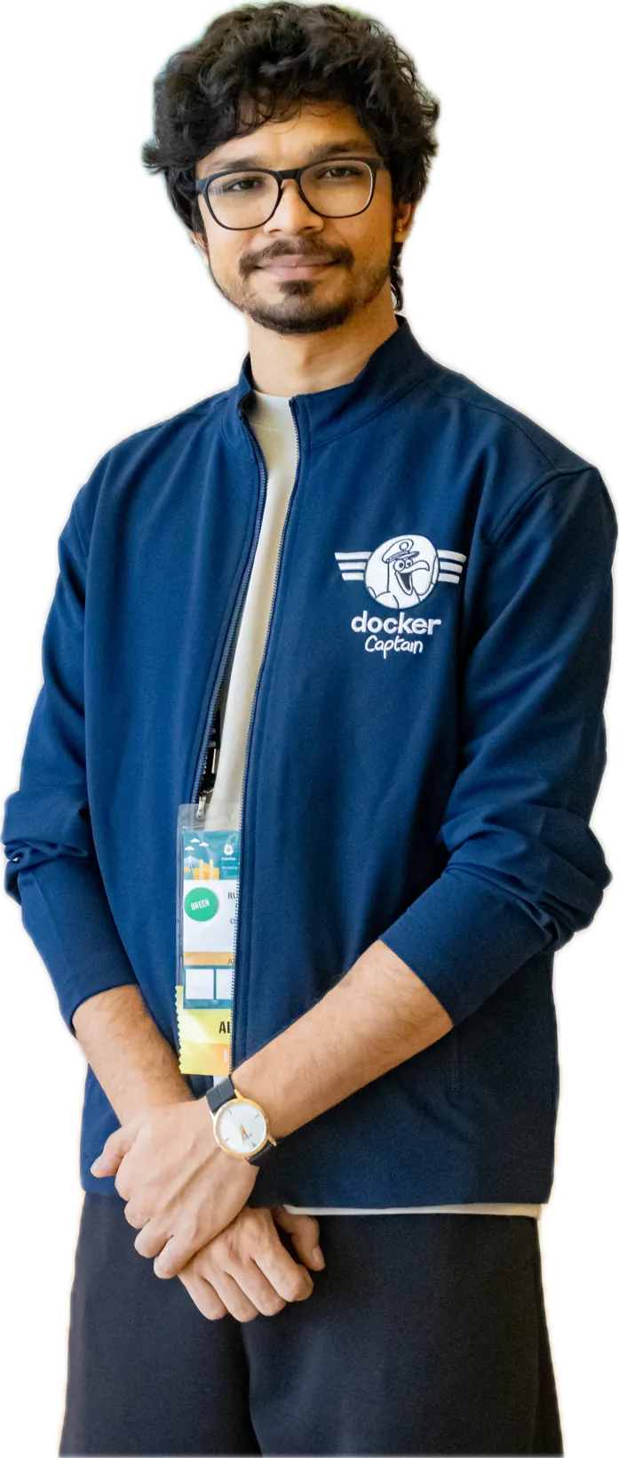 Rushabh Shah in his Docker Captain jacket at KubeCon India 2026